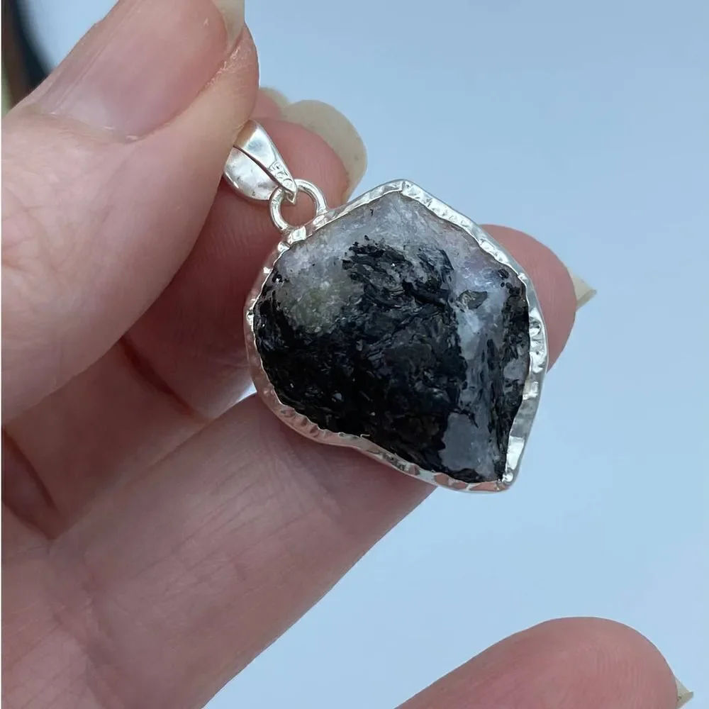 Black Tourmaline In Rainbow Moonstone Slice Sterling Silver Pendant